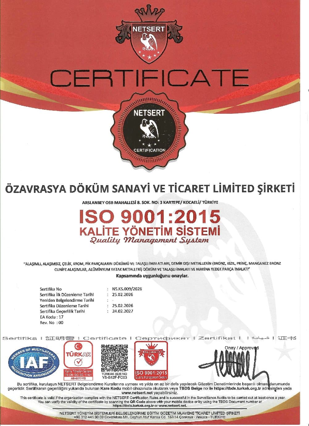 Özavrasya Döküm ISO 9001:2015 Kalite Yönetim Sistemi belgesi
